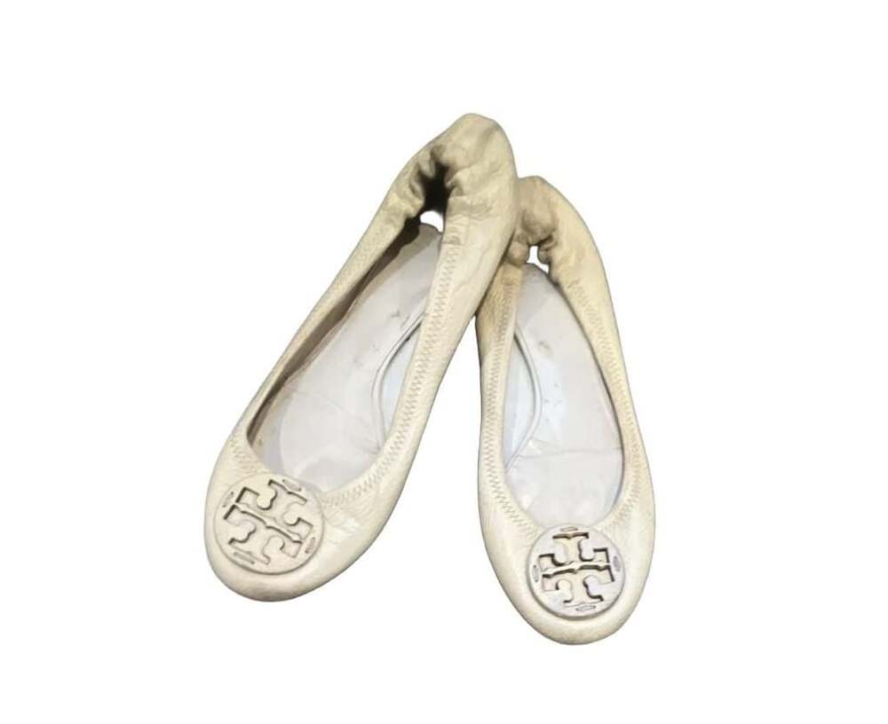 Tory Burch Minnie Travel Ballet Flats White Leather Shoes